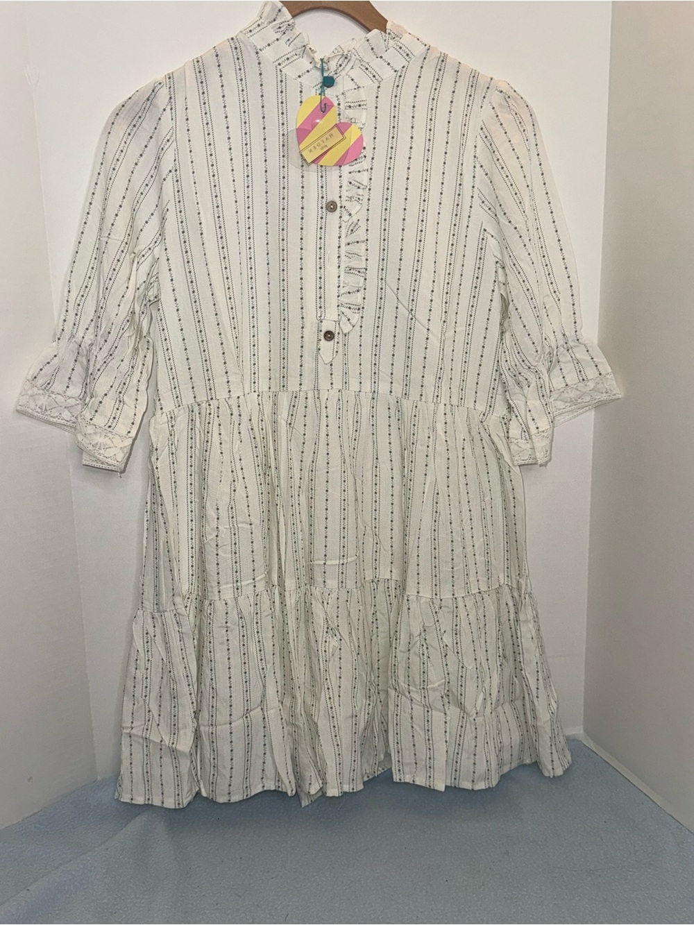 Hayden Girls White Dress with Green Star Pinstripes